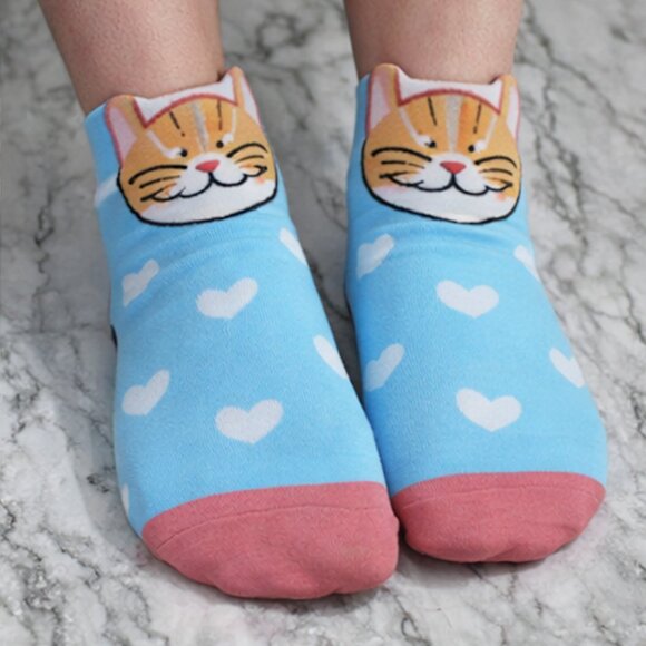 CAT LADY Socks Ankle Short Anklets Animal Print Hearts Orange White Multicolor - Picture 1 of 10